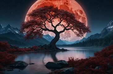 Photo image of tree in the middle of lake with mountains in the background generative ai