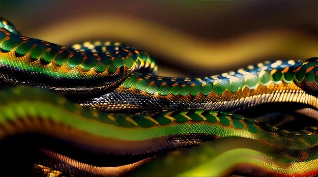 The shimmering scales of snakes slithering through the undergrowth, blending in with the dappled patterns of sunlight and shadow
