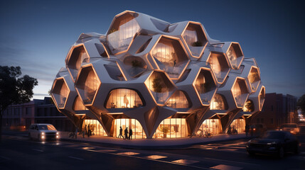 A mixed-use building with an innovative pattern of hexagonal windows. - Powered by Adobe