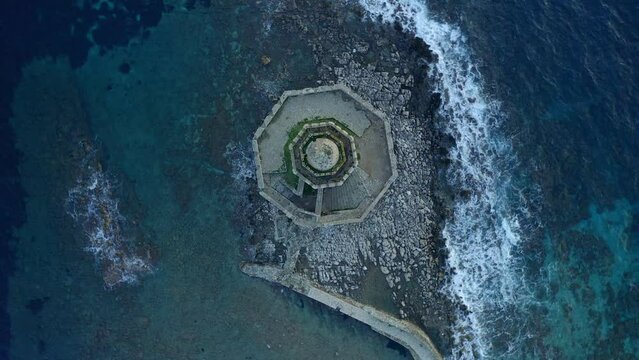 Methoni castle drone aerial top view near the mediterranean sea in Greece