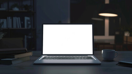 Fototapeta premium Laptop with a blank screen in a dark room, hinting at late-night work.