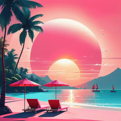 Languish Sunset over Ocean Palm Trees Landscape. Illustration.