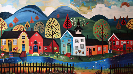 Obraz premium Colorful Quaint Village Artistic Illustration
