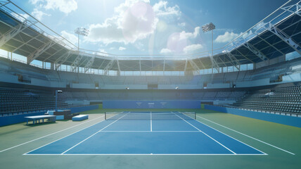 Empty professional tennis court waiting for a match under open skies. - obrazy, fototapety, plakaty