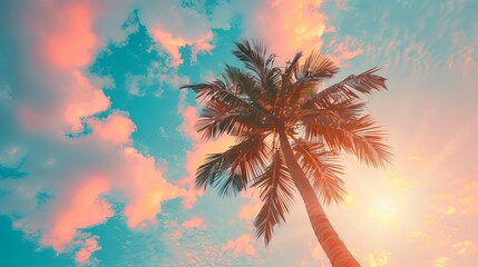 An abstract background of clouds and a sunset sky with a silhouetted tropical palm tree in the light of the sun is copied. Idea for an adventurous summer holiday in the outdoors.