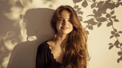 A radiant young woman basks in the dappled sunlight, emanating a carefree and optimistic vibe.