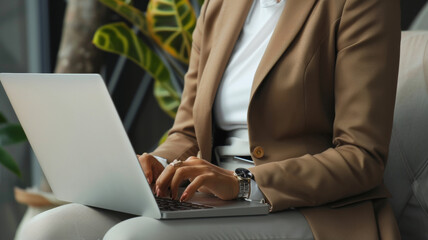 Obraz premium Businesswoman typing intently on a laptop in a modern office setting.
