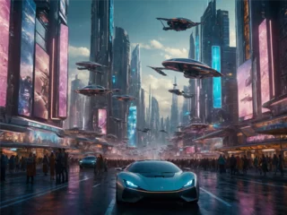 Foto auf Alu-Dibond A futuristic metropolis, with flying cars and holographic billboards, showcasing the cutting-edge technology of tomorrow. Generative AI © Danish