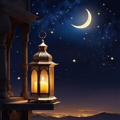 Obraz na płótnie Canvas Ramadan Kareem Background Blue Greeting Card for Muslim Holiday Ramadan with Moon Gold Star Lantern.