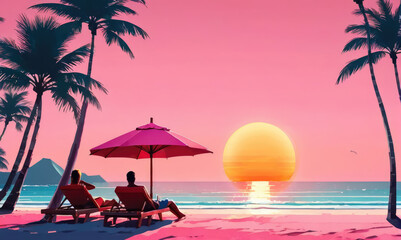 Languish Sunset over Ocean Palm Trees Landscape. Illustration.
