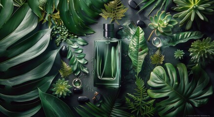 Bottle of Green Perfume Surrounded by Green Leaves