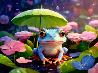 雨とカエルと傘