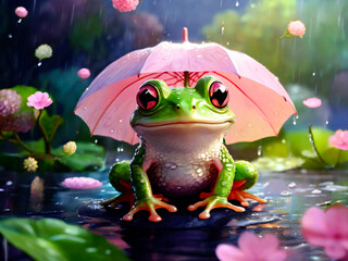 梅雨と傘を差したカエル