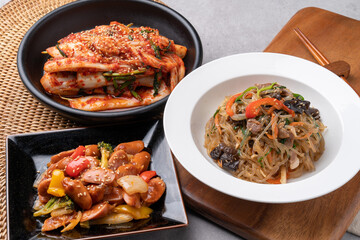 Korean food, cabbage, geotjeori, kimchi, spicy, side dishes, japchae, sausage, vegetables, stir-fry, carrots