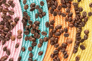 Fotobehang Coffee grains laid out on multi-colored stands. Morning breakfast. Grain for brewing. Coffee drying. © Evgenii