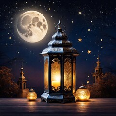 Ramadan Kareem Background Blue Greeting Card for Muslim Holiday Ramadan with Moon Gold Star Lantern.