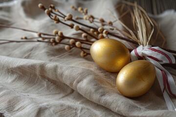 Easter composition. Easter card with willow branch and golden eggs on a rustic table.