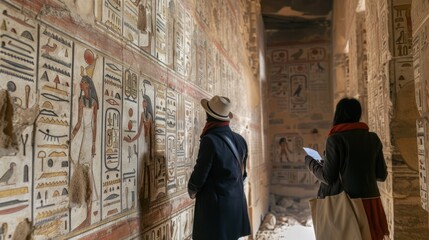 Archaeologists study ancient inscriptions in an Egyptian temple. Egyptologists analyze old writings and drawings. Mysteries of Egypt. Men read hieroglyphs in the pyramid or tomb. Historical discovery.