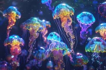Obraz na płótnie Canvas A cluster of jellyfish drifts through the ocean waters.