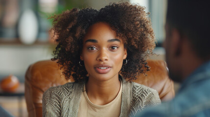Reflective young woman with curly hair gazes softly in an indoor, intimate setting.