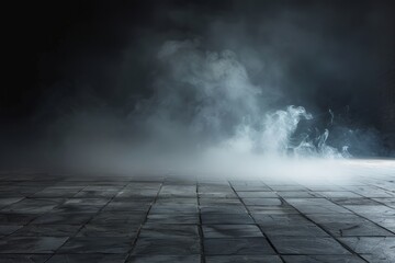 Black and white photo depicting smoke billowing out of the ground in a mysterious and haunting scene.