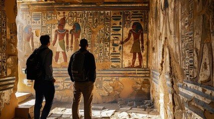Archaeologists study ancient inscriptions in an Egyptian temple. Egyptologists analyze old writings and drawings. Mysteries of Egypt. Men read hieroglyphs in the pyramid or tomb. Historical discovery. - obrazy, fototapety, plakaty