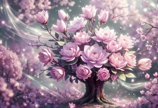 pink blooming magnolia flowers, abstract background.