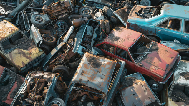 Wasteland of rusting cars piled chaotically, a stark image of decay and abandonment.