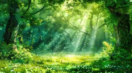 Fototapeta na wymiar Magical Sunlit Forest Pathway, Ethereal Morning Light Filtering Through Green Trees