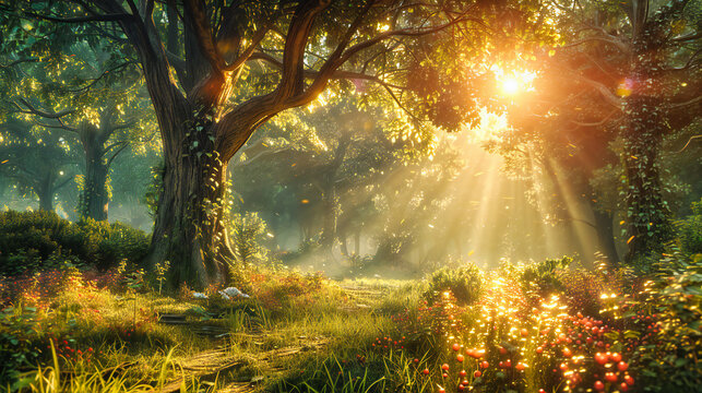 Enchanted Forest Scene, Lush Greenery Bathed in Sunlight, Tranquil Nature Escape