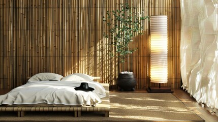 Serene Japanese Style Bedroom with Bamboo Mat & Futon | Stock Photography