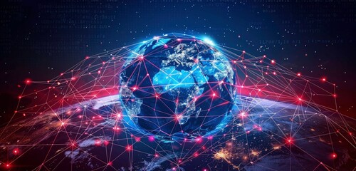 Obraz premium A Digital Tapestry Connecting Continents-Europe's Central Role in the Digital Sphere. Global Communications. global connectivity on earth, data transfer international telecommunication. 