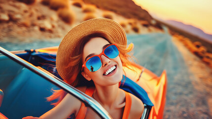 Portrait of beautiful young woman in blue sunglasses and straw hat driving orange vintage car, lifestyle and adventure concept, road trip background