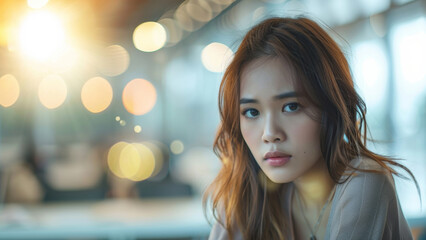 Young woman with a pensive expression against an illuminated city backdrop.