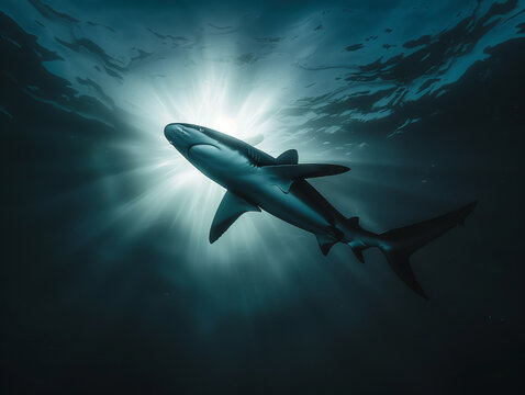 deep sea sharks gliding gracefully through the ocean depths.