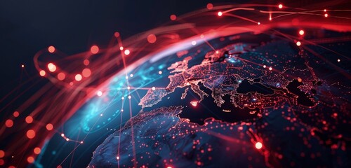 A Digital Tapestry Connecting Continents-Europe's Central Role in the Digital Sphere. Global Communications. global connectivity on earth, data transfer international telecommunication. 