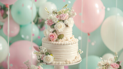 Delicate wedding scene: white two-tiered cake adorned with flowers amidst air balloons, featuring soft white, pink, and mint tones, ideal for website backgrounds, wedding cards, and banners.