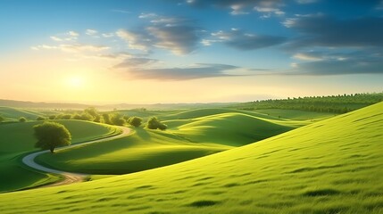 Picturesque winding path through a green grass field in hilly area in morning at dawn against blue sky with clouds. Natural panoramic spring summer landscape - obrazy, fototapety, plakaty