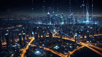 Fototapeta na wymiar Business strategy in action: Top view of businessman leveraging modern technology with digital layer effects. Cityscape at night symbolizing wireless network and connection technology.