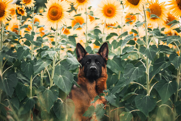 German shepherd dog in a sunflower field, summertime