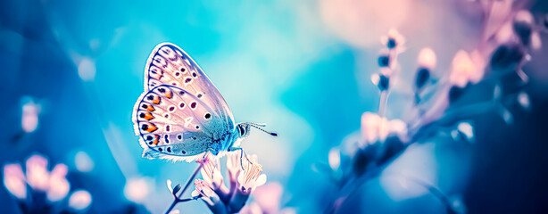 A butterfly with an out-of-focus blue background