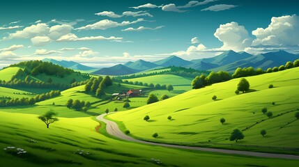 Beautiful spring landscape scene with rolling green hills