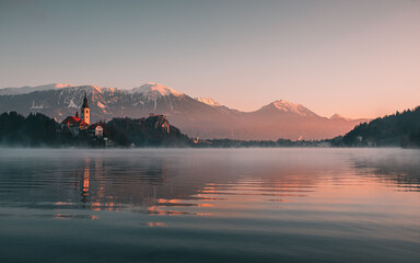 Lake Bled, Slovenia, in a frosty winter morning light