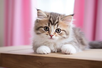 Close up shot of fluffy kitten against vibrant backdrop, highlighting its endearing features