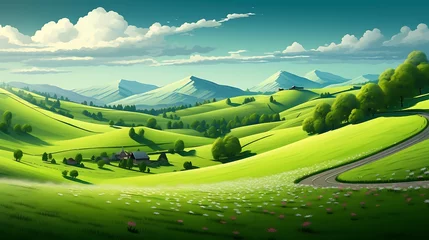 Poster Beautiful spring landscape scene with rolling green hills © MdRazib
