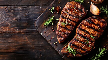Flavorful grilled pork steaks topped with spices and arranged flat on a dark hardwood table. Text space - obrazy, fototapety, plakaty