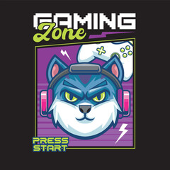 Vector Illustration of Cat wearing Headphone and Joystick with Vintage Hand Drawing Style Available for Tshirt Design