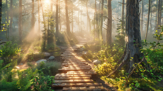 Dreamy Forest Path, Enchanted Woodland Trail with Mystical Light and Shadow Play