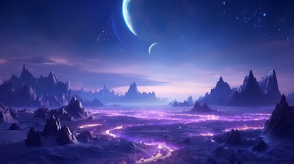Fantasy landscape with sandy glaciers and purple crystal. Concept art. fantasy - obrazy, fototapety, plakaty