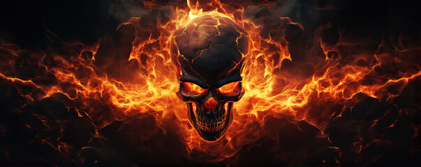 Flaming skull with crack detail on black